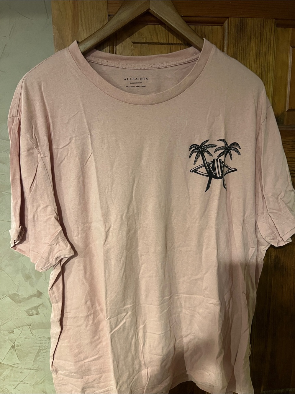 AllSaints Pale Pink Short Sleeve Tee with Black Palm Graphic